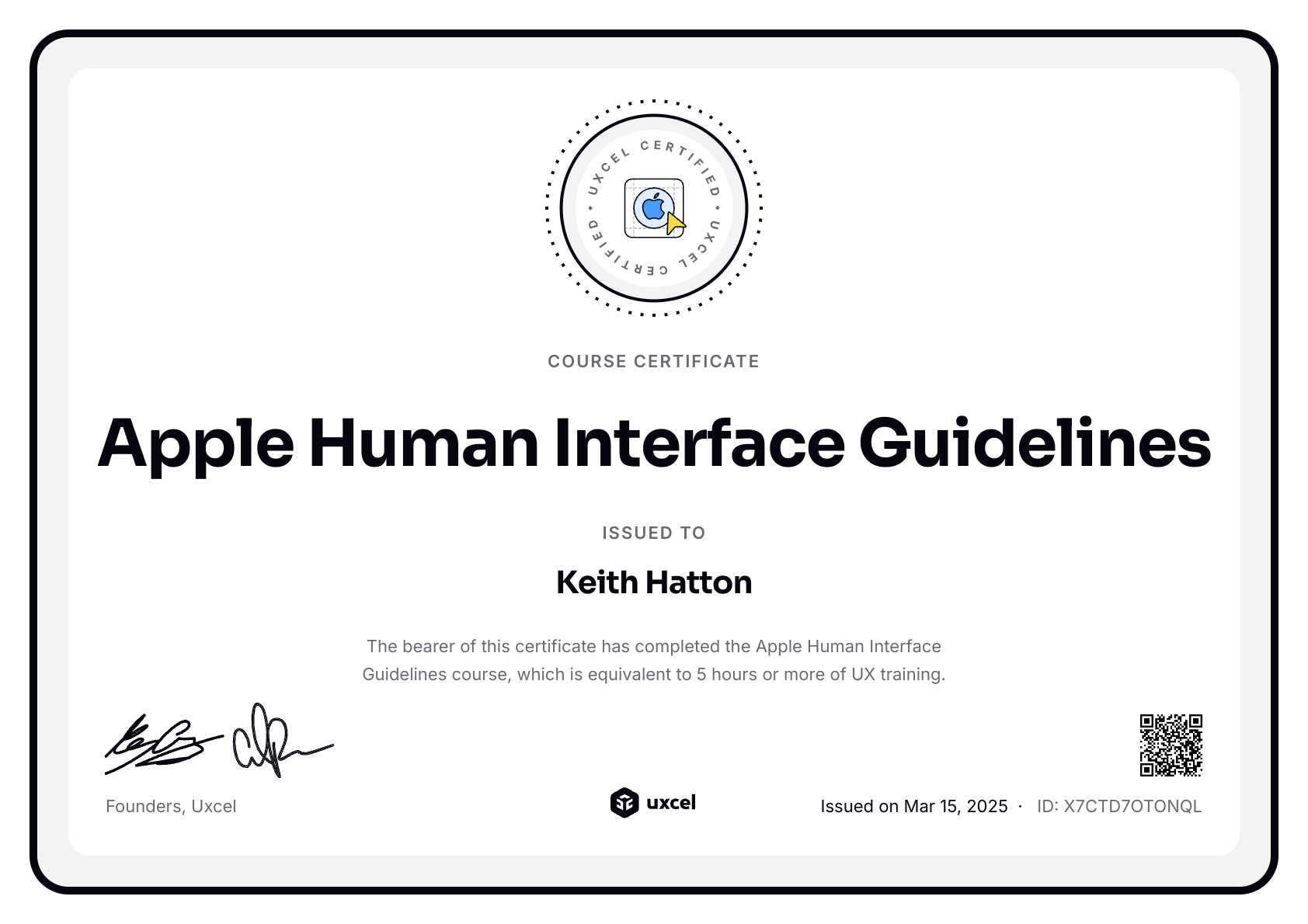 Keith Hatton's certificate